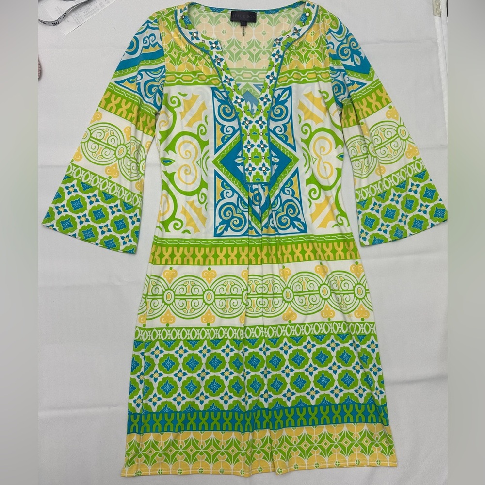 Hale Bob Green and Blue Geometric 3/4 Bell Sleeve Jersey Dress